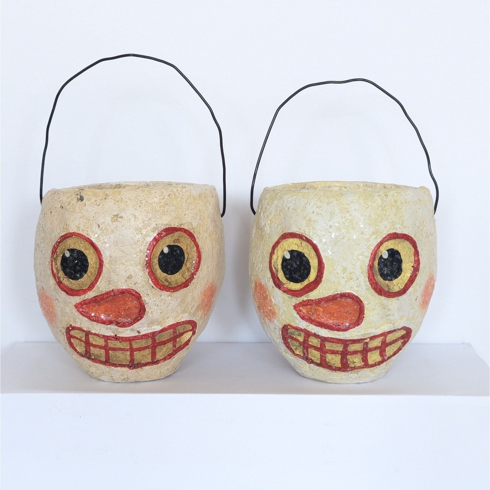 Polliwogs Primitive Folk Art Snowman Bucket Set Paper Mache Plaster Halloween